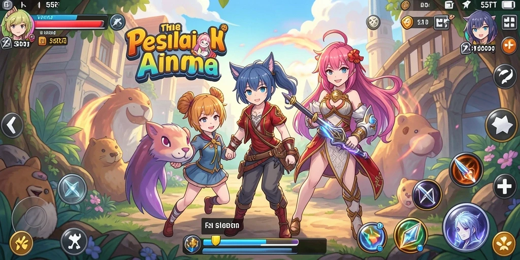 Tangkapan layar utama 55RT menampilkan aksi seru karakter Anime.