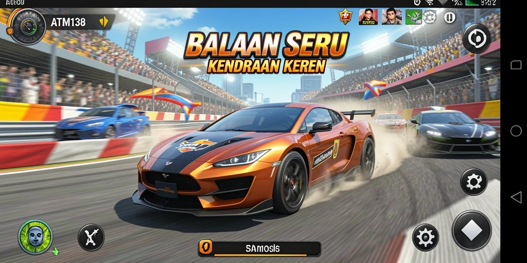 Screenshot gameplay ATM138 menampilkan balapan seru dengan kendaraan cepat.