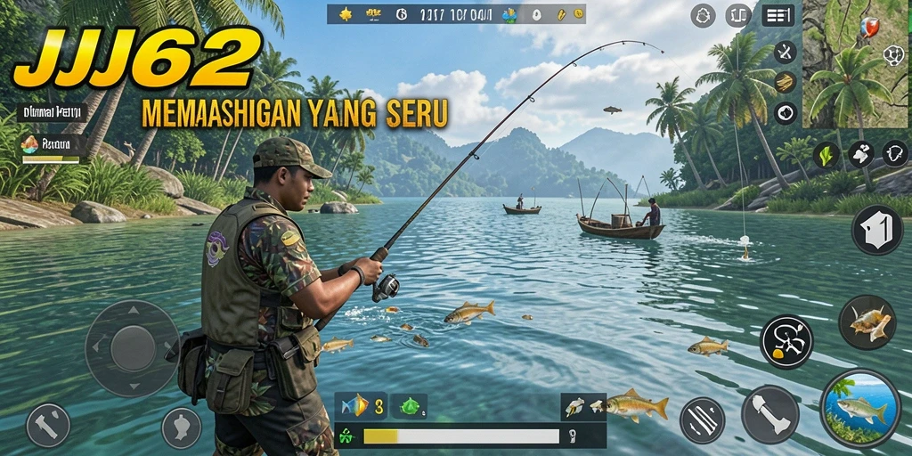 Tampilan gameplay JJ62 dengan karakter memancing di lokasi yang indah.