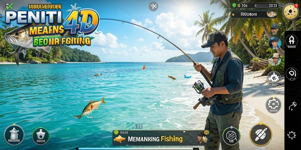 Screenshot gameplay PENITI4D menampilkan aksi seru memancing di laut.