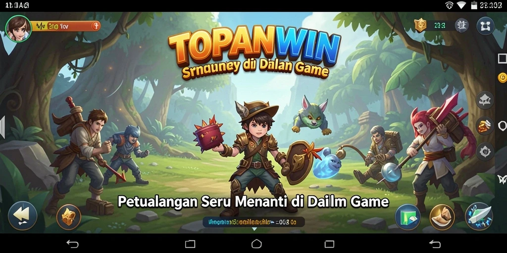 Screenshot gameplay TOPANWIN menunjukkan karakter menjelajahi hutan lebat.