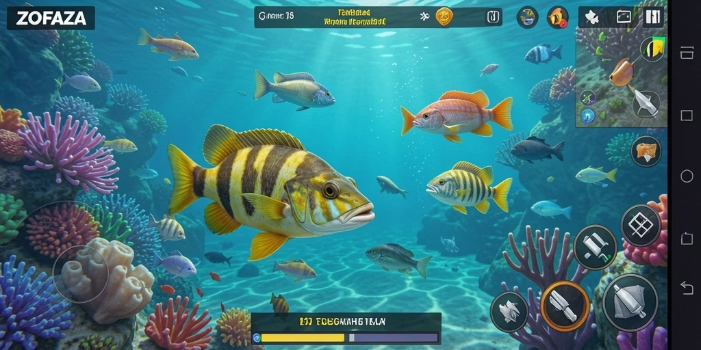 Screenshot gameplay ZOFAZA menunjukkan aksi menembak ikan yang mengasyikkan.